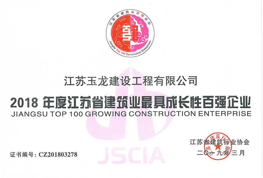 2018年度江蘇省建行業最具成長性百強企業